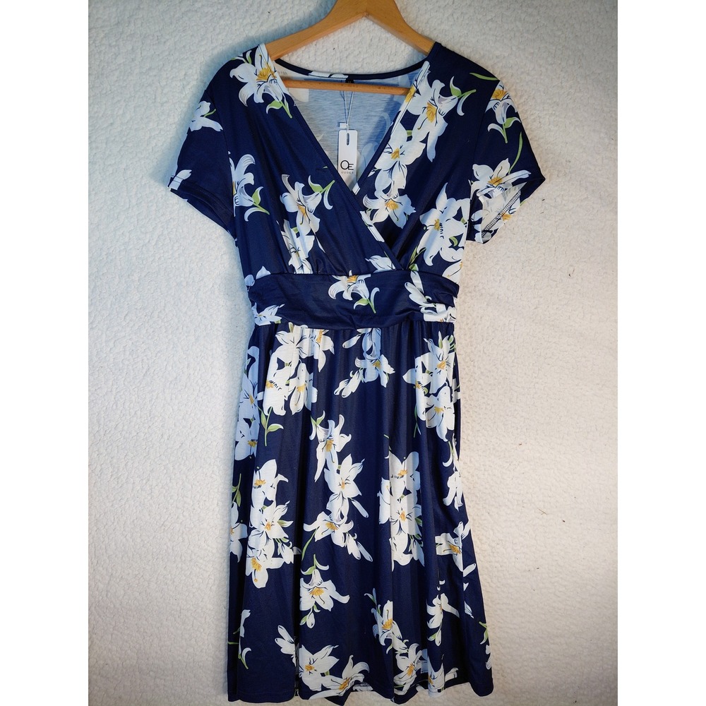 OUGES Navy Blue Lily Floral Wrap Dress Short Sleeve V-Neck A-Line Summer Midi M
